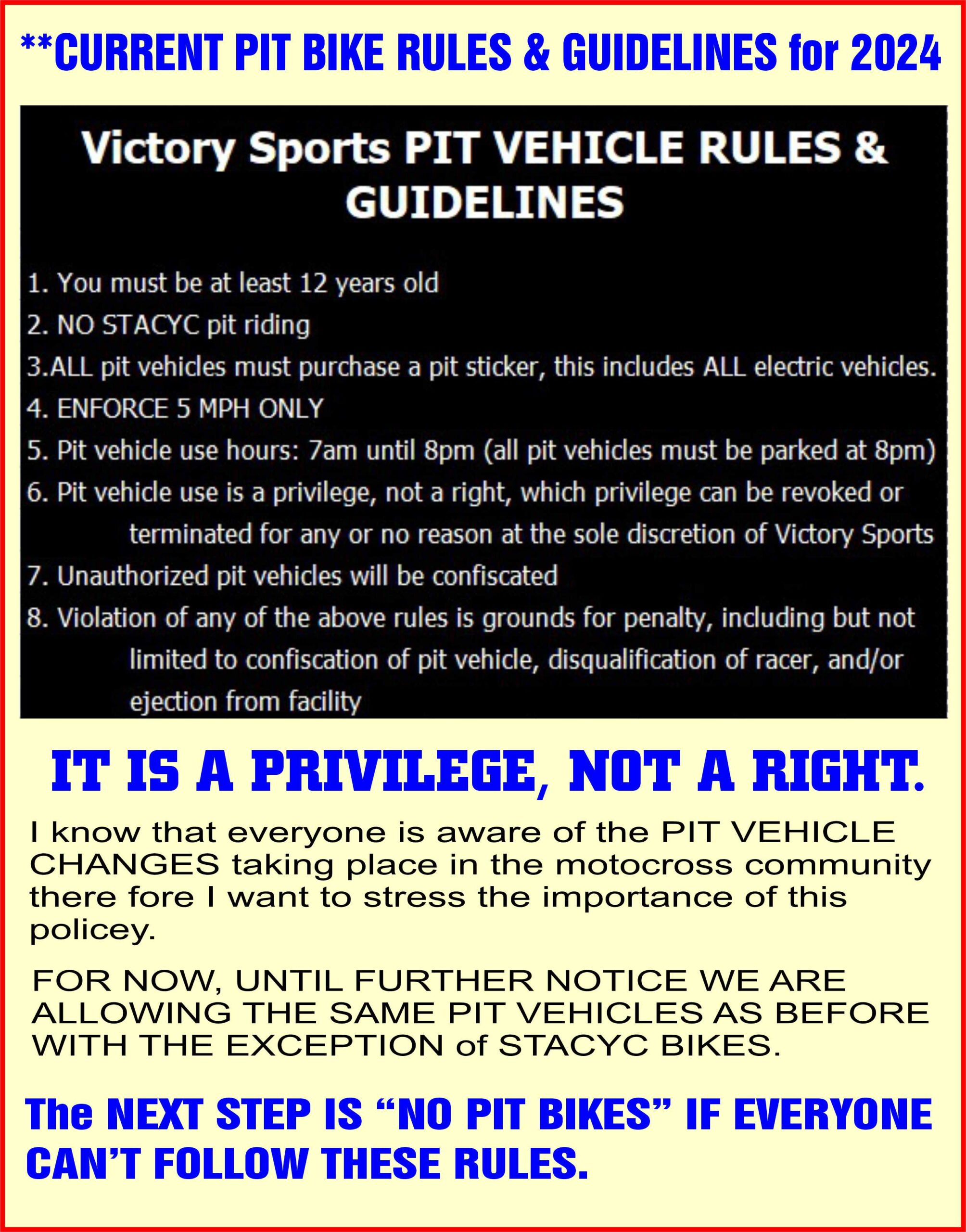 NOTICE PIT BIKE RULES for Races Victory Sports Racing